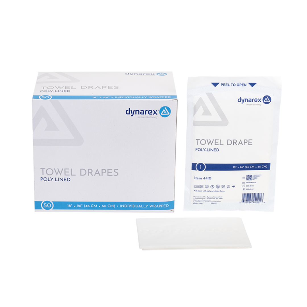 A box of Dynarex Disposable Surgical Towel Drapes (50 count), a single packaged drape, and an unfolded drape are displayed on a white background.